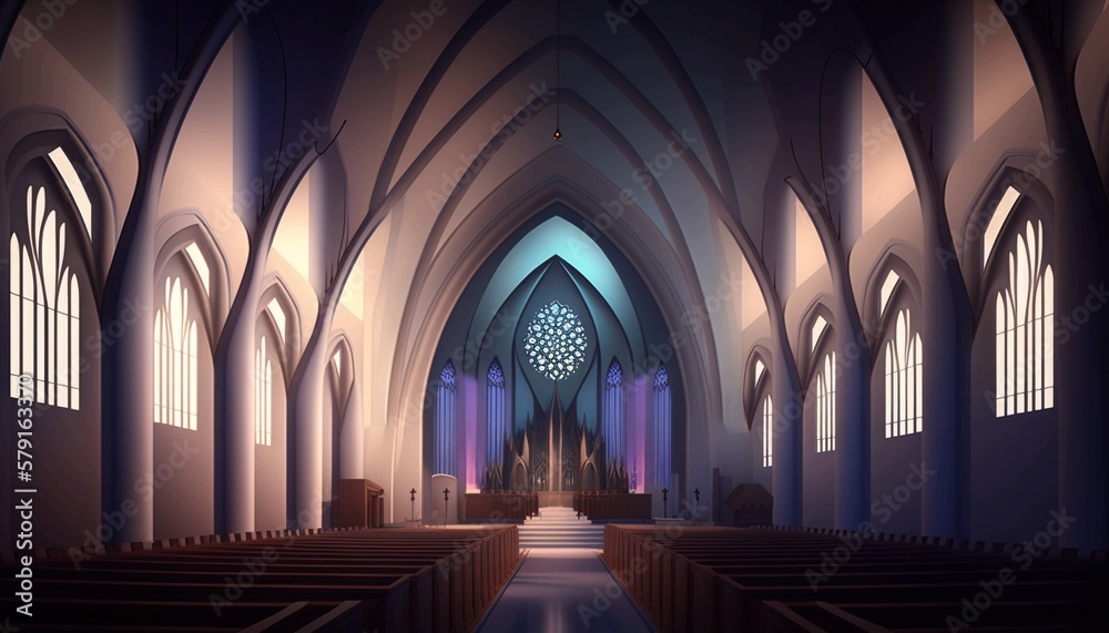 A futuristic concept of the church of the future. Generative AI.