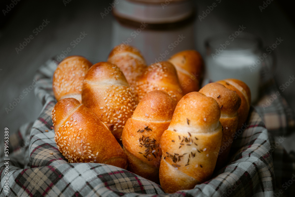 Bakery shop products various kinds of baguette, bagel, donut