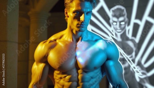 Pumped up athletic physique man with long blond hair in a night photo shoot in a bar, in front of a neon white female sign, neon yellow lighting, body beauty, abs, gym photo, motovatio. Generative AI.
