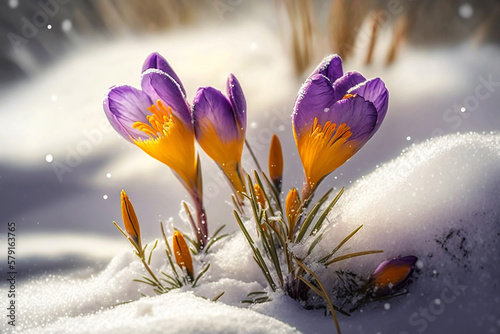 spring flowers crocus blossom on melt snow