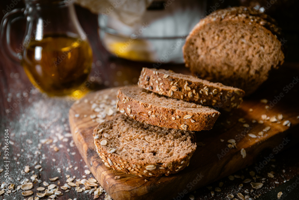 Bakery shop products various kinds of baguette, bagel, donut