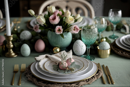 Beautiful Easter Table Setting With Festive Decor Indoors, Easter Day, Generative Ai