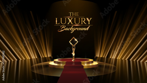 Black Gold Award Background.  Golden Rays Jubilee Night Decorative Invitation. Trophy on Stage platform with spotlight. Wedding Entertainment Hollywood Bollywood Night. Elegant Luxury Steps Floor.