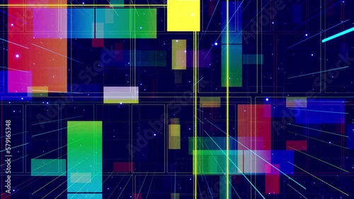 Motion graphic, camera fly throungh abstract art space, multilayer structure with pattern and particles. Glow rectangles, streaks and lines. Rainbow gradient color. Motion design vj loop. 3d structure photo