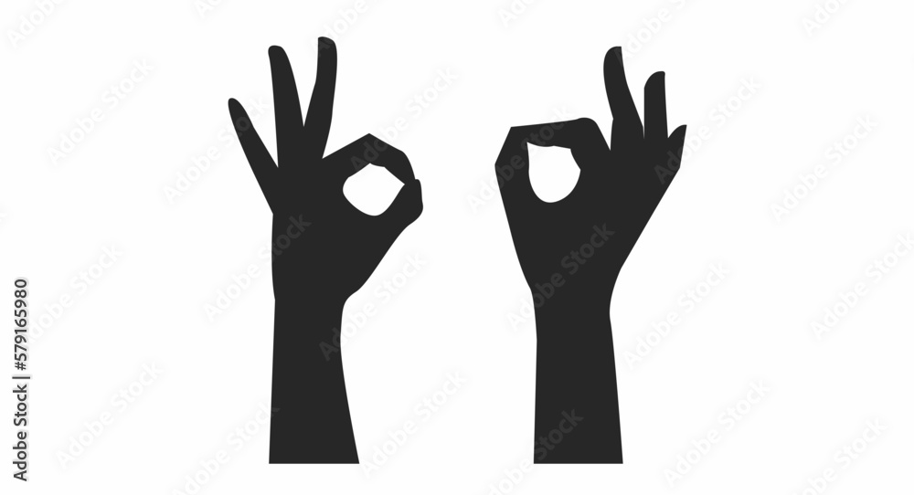 Ok hand sign. Black and white vector illustration isolated on white background.