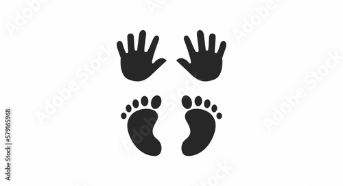 Vector illustration of black baby foot print icon isolated on white background.