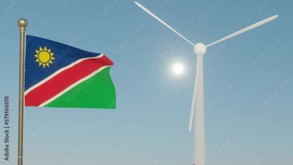 Coal transformed to wind energy clearing up the sky with flag of Namibia