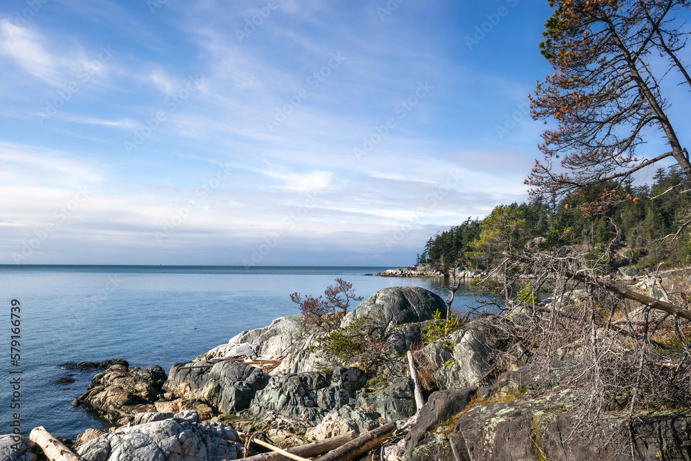 Coastal landscape panorama on a sunny day. Idyllic Canadian west coast scenery with pacific ocean, rock cliffs and evergreen trees. West Vancouver, Lighthouse park, BC, Canada. Selective focus.