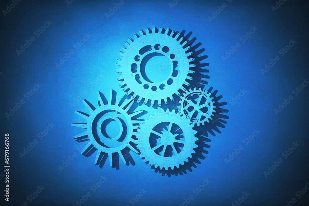 Gears illustration on blue background, concept of ideas and creativity. Generative AI