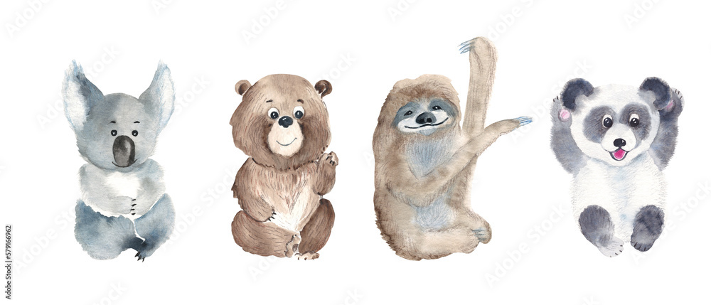 Obraz premium Cute baby animals set. Koala, panda, bear, sloth isolated on white background. Watercolor hand drawn illustration.