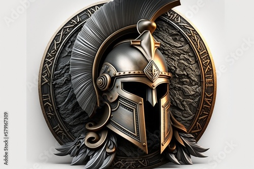 Spartan helmet illustration, white background. Generative AI photo