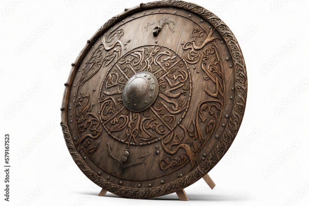 Naklejka premium Wooden viking shield illustration, white background. Generative AI