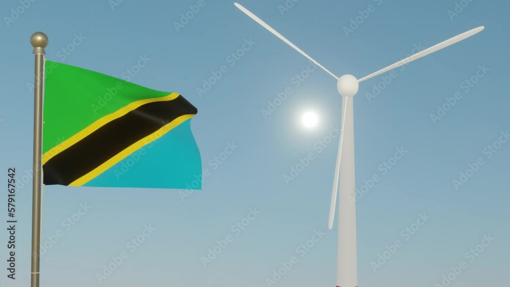 Coal transformed to wind energy clearing up the sky with flag of Tanzania