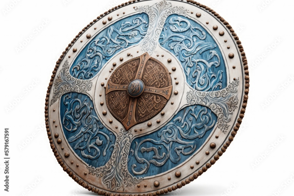 Fototapeta premium Blue and white viking shield illustration, white background. Generative AI