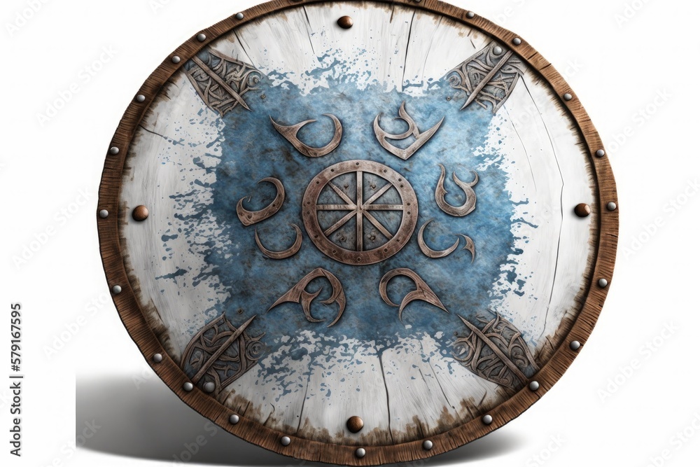 Blue and white viking shield illustration, white background. Generative AI Blue and white viking shield illustration, white background. Generative AI