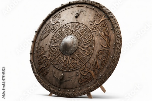 Wooden viking shield illustration, white background. Generative AI