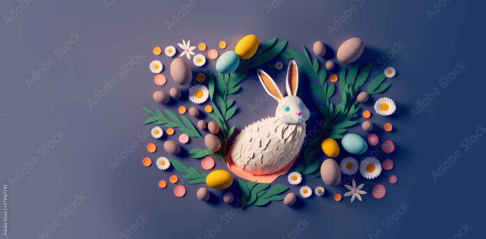 Easter white bunny surrounded by flowers and easter eggs on a blue background in paper cut art postcard. Horizontal Illustration. Generative AI.