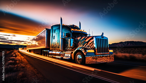 American truck run in highway at sunset, illustration ai generative