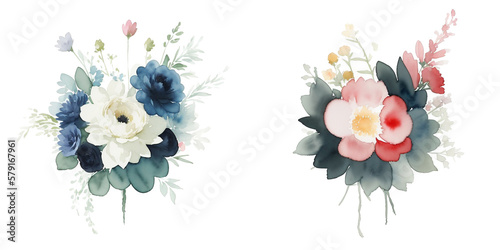Respectful Flower Bouquets for Sorrow and Congratulations, Circular Blue and Red Isolated on White, Watercolor Style Illustration by Generative AI