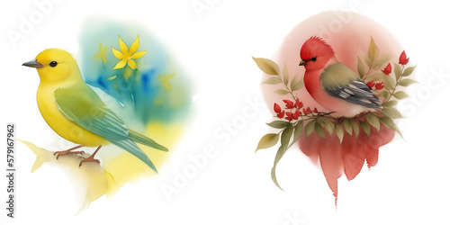 Colorful Easter Bird Pair, Yellow and Green, Red Bird Profile, Color Background with Subtle Nature Branch and Flower, Watercolor Style Illustration by Generative AI