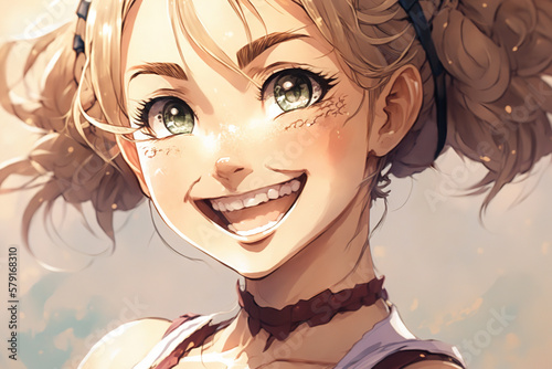 Cute smiling anime girl. AI generated image.