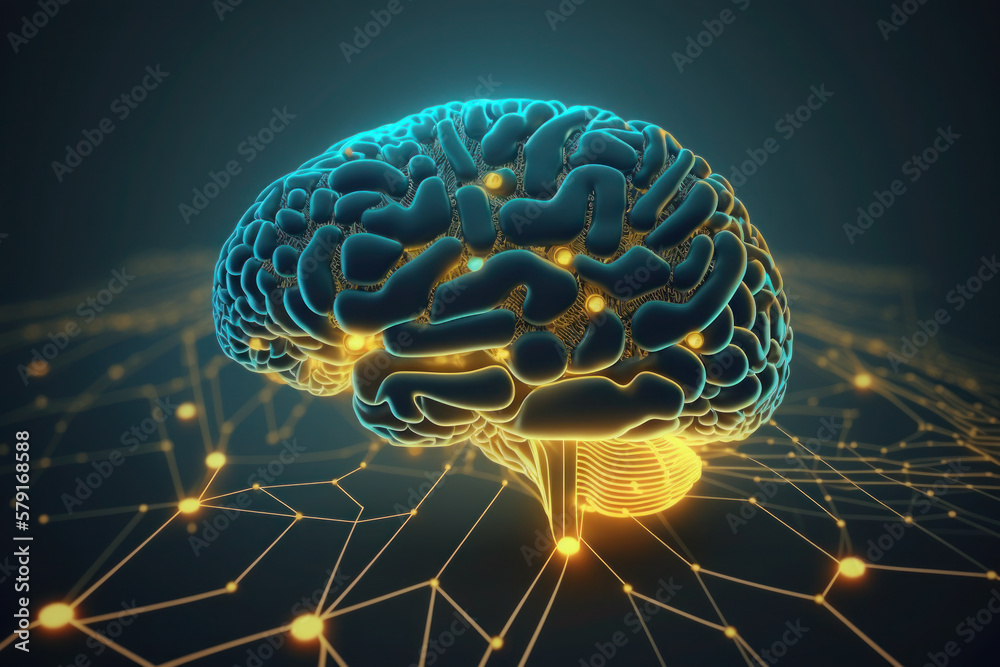 human brain. glowing yellow, blue lines. neural connections. artificial intelligence, cyberspace. AI Generative human brain. glowing yellow, blue lines. neural connections. artificial intelligence, cyberspace. AI Generative