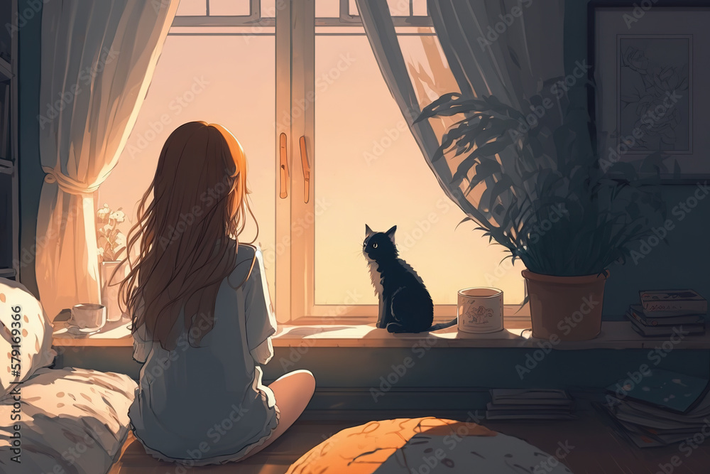 Anime Girl And Her Cat Sitting On Bed And Looking At Window. Ai Generated  Image. Stock Illustration | Adobe Stock