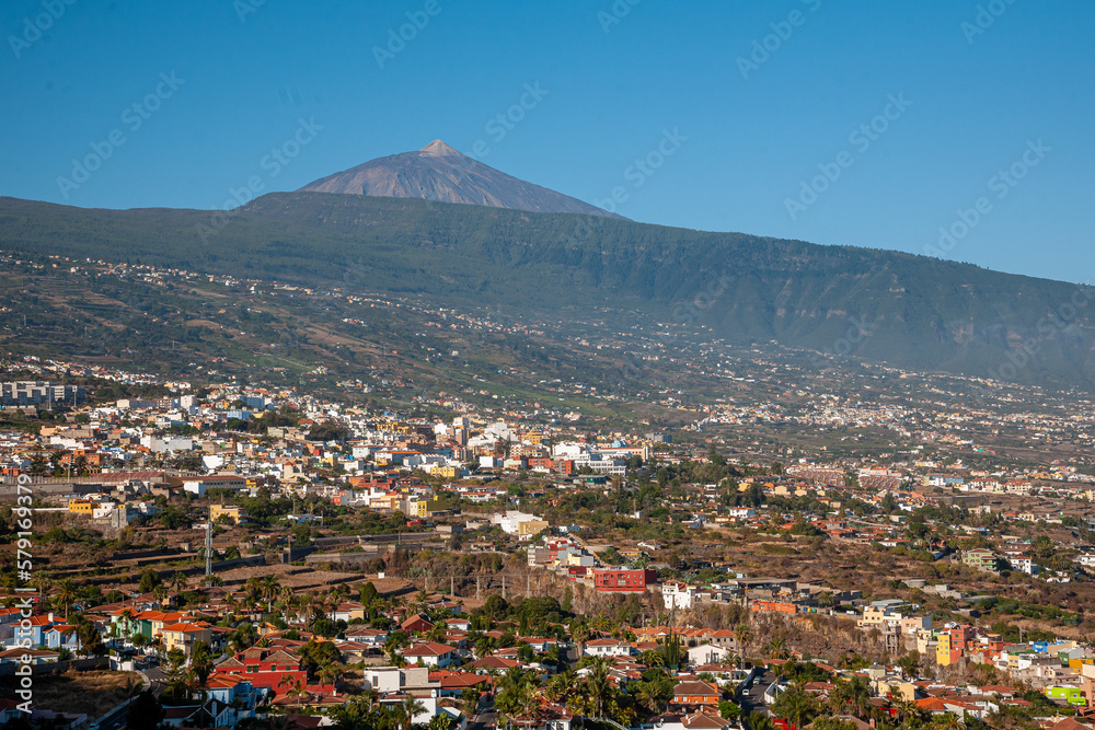 View on the landscape and cityscape of the La Orotava historic town which sits in a beautiful valley of banana plantations.