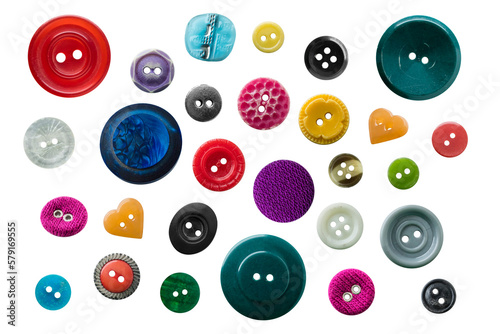 Set of colorful plastic sewing buttons on a transparent background. isolated object. top view