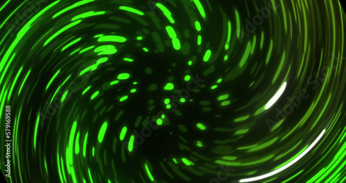 Image of yellow and green shapes in spiral on black background
