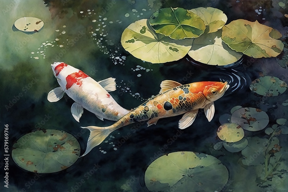 Crédence de cuisine avec koi fish underwater, nature pond, watercolor illustration, Generative AI #579169766