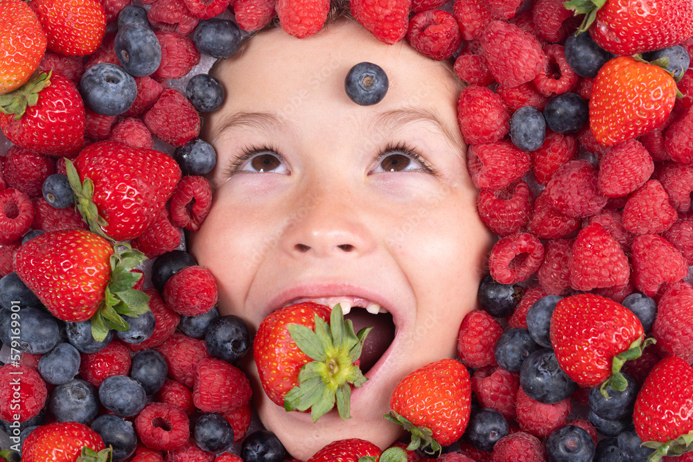 Funny Fruits. Berries With Kids Face Close-up. Top View Of Child Face ...