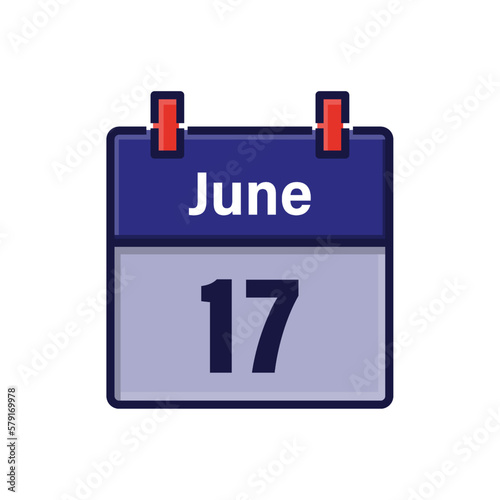 June 17, Calendar icon. Day, month. Meeting appointment time. Event schedule date. Flat vector illustration.