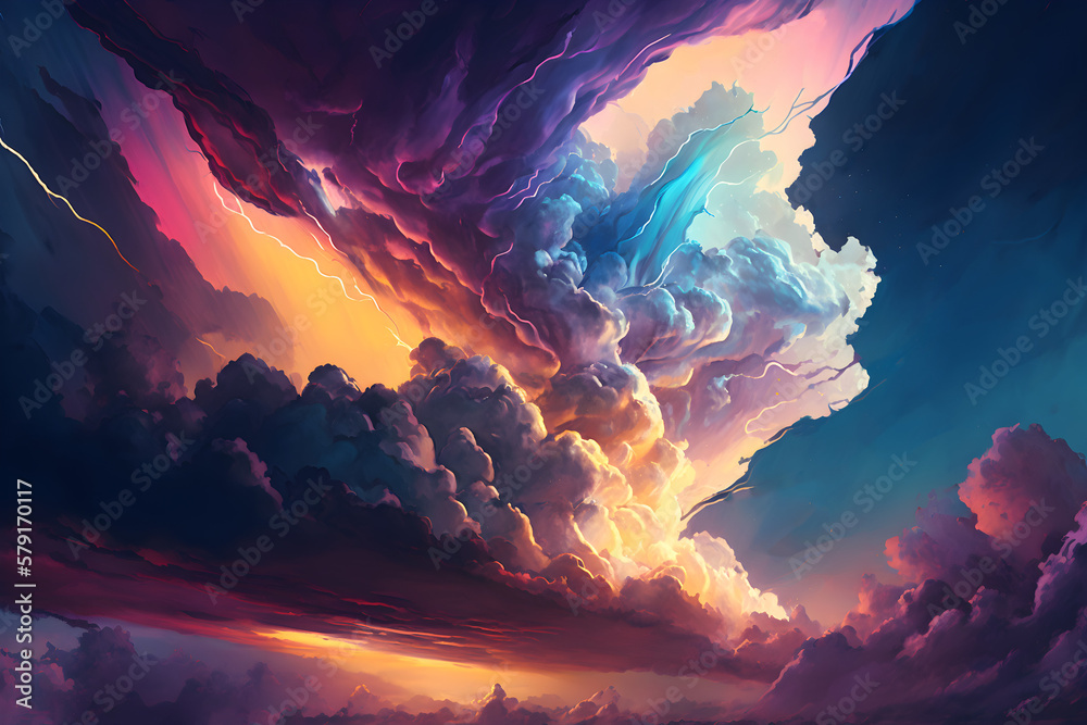 colorful synthwave sky whit dramatic clouds illustration, generative ai  - obrazy, fototapety, plakaty 