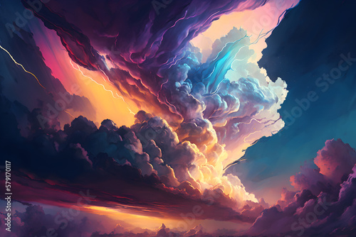 colorful synthwave sky whit dramatic clouds illustration, generative ai 