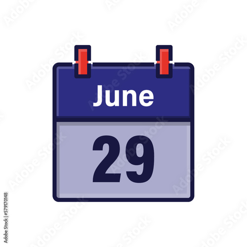 June 29, Calendar icon. Day, month. Meeting appointment time. Event schedule date. Flat vector illustration.