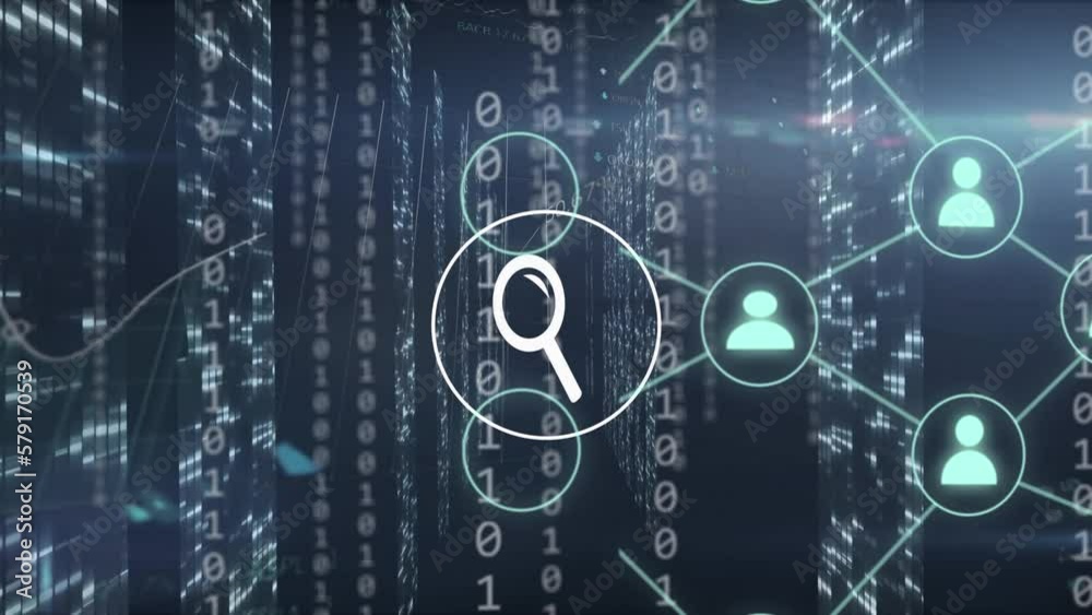 Animation of digital magnifying glass and people icons, binary coding and data processing Animation of digital magnifying glass and people icons, binary coding and data processing