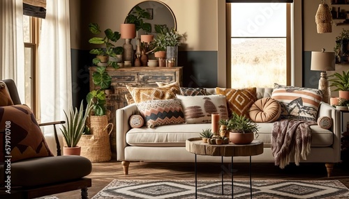 A bohemian living room with a mix of colorful textiles and eclectic decor. The room features a low-slung sofa, woven rug, and a macrame wall hanging. The atmosphere is free-spirited and generative ai