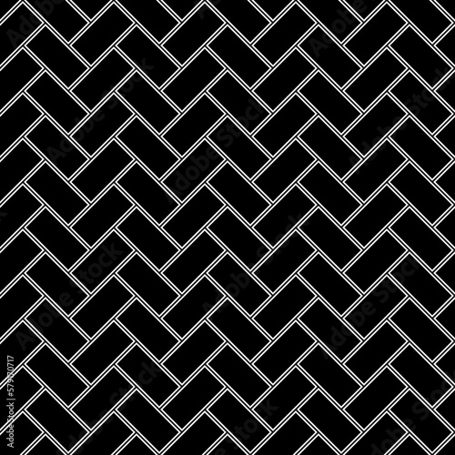 Herringbone pattern. Rectangles slabs tessellation. Seamless surface design with black hollow blocks tiling. Floor cladding bricks. Repeated tiles ornament background. Mosaic motif. Pavement wallpaper