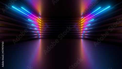Sci Fy neon glowing lines in a dark tunnel. Reflections on the floor and ceiling. 3d rendering image. Abstract glowing lines. Techology futuristic background.