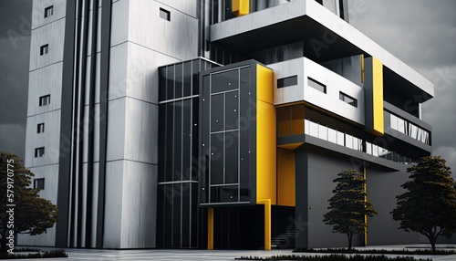 A contemporary apartment building with a sleek and modern design. The color palette is dominated by shades of gray and white, with pops of bright yellow to add interest. generative ai © 3D Station