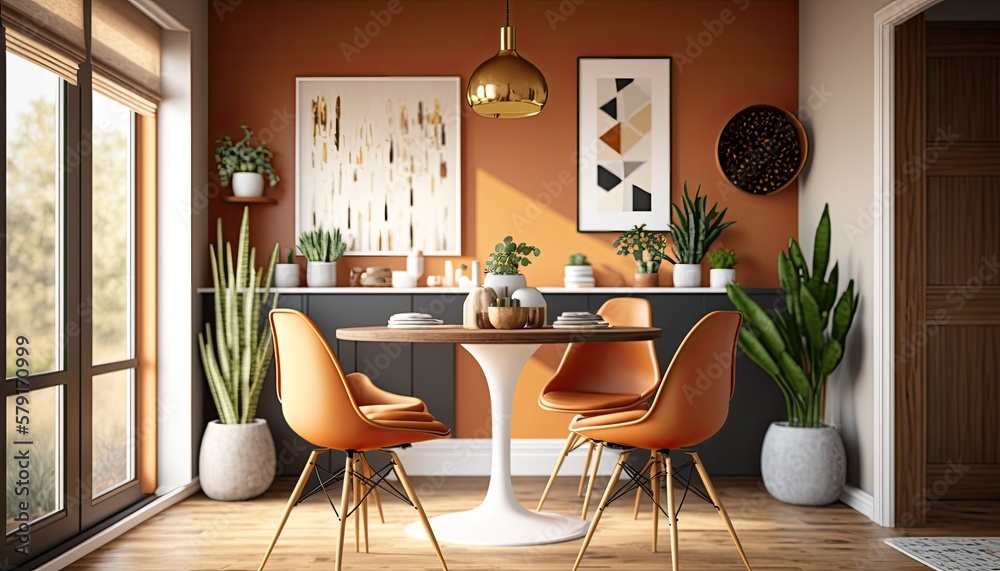 A mid-century modern dining room with a teak dining table and Eames chairs. The walls are painted a warm, earthy orange, and the room is filled with natural light. The atmosphere generative ai - obrazy, fototapety, plakaty 