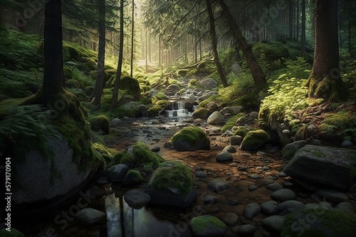 a beautiful summer day in a European forest with a stream as a digital illustration (Generative AI)