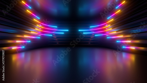 Fototapeta Naklejka Na Ścianę i Meble -  Sci Fy neon glowing lines in a dark tunnel. Reflections on the floor and ceiling. 3d rendering image. Abstract glowing lines. Techology futuristic background.