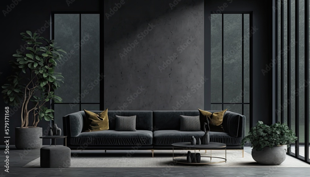 A modern luxury living room with a black sofa, paired with a dark