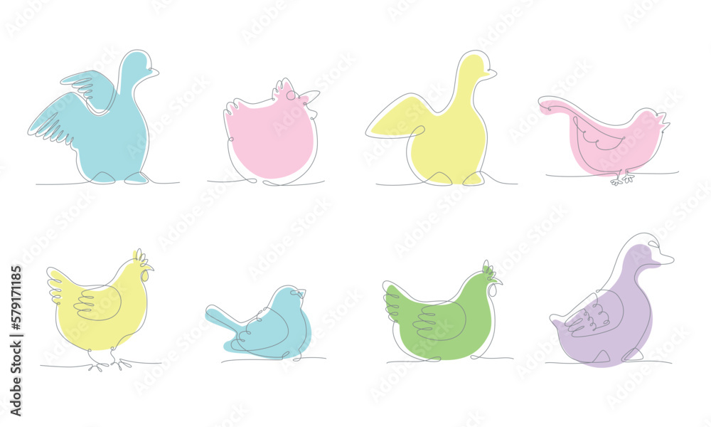 First spring birds set hand draw continues one line. Vector stock illustration isolated on white background for wedding, Easter invitation or greeting card. Editable stroke. 