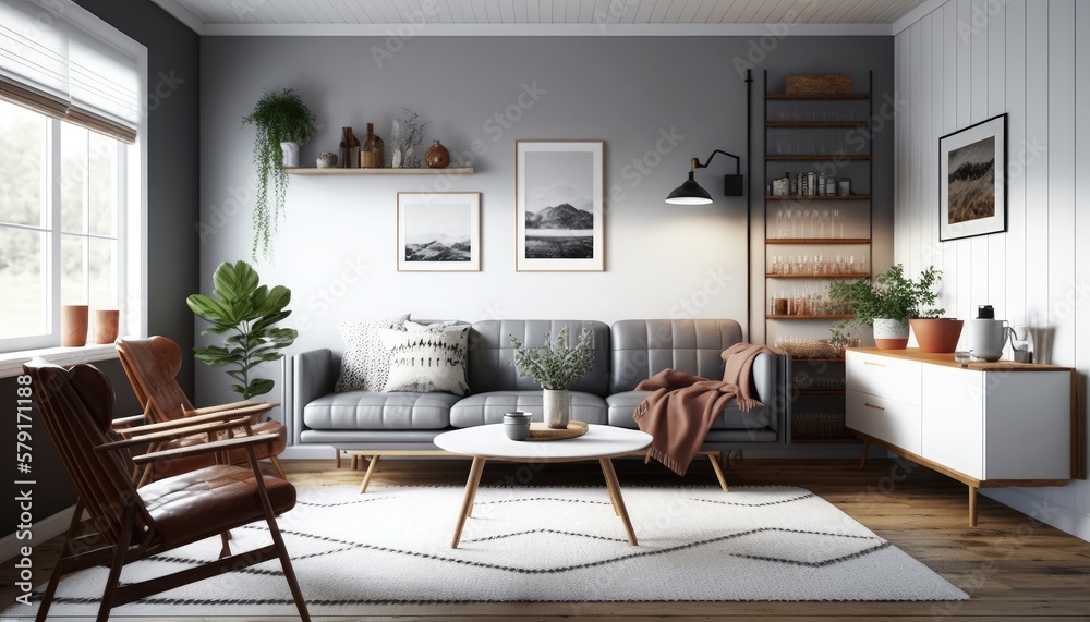 Fototapeta premium A Scandinavian living room with white walls and a warm wood accent wall. The room features a grey sofa and a leather armchair, as well as a modern coffee table and a woven rug. generative ai