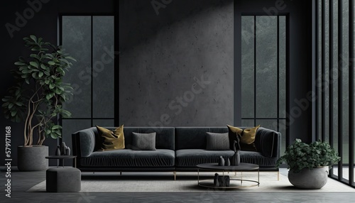 A modern luxury living room with a black sofa, paired with a dark concrete wall that offers a sleek and contemporary vibe. generative ai
