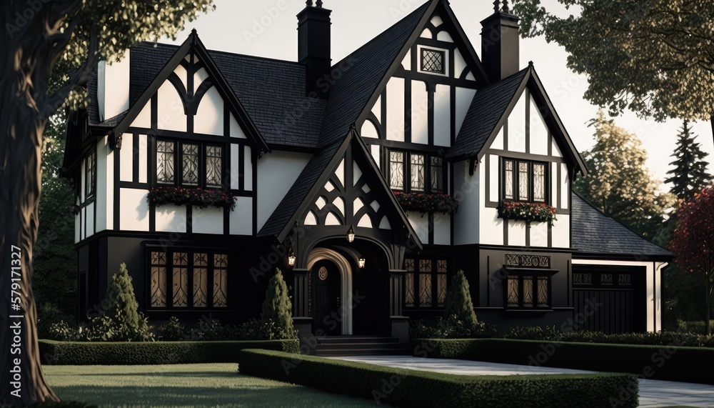 A Tudor-style exterior house design, featuring a striking black and ...