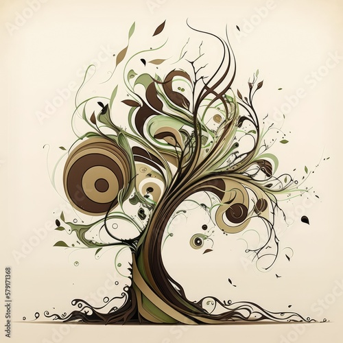 An abstract representation of a tree, made up of a mix of swirling lines and intricate patterns in shades of brown and green, set against soft beige background. The mood is grounded and generative ai